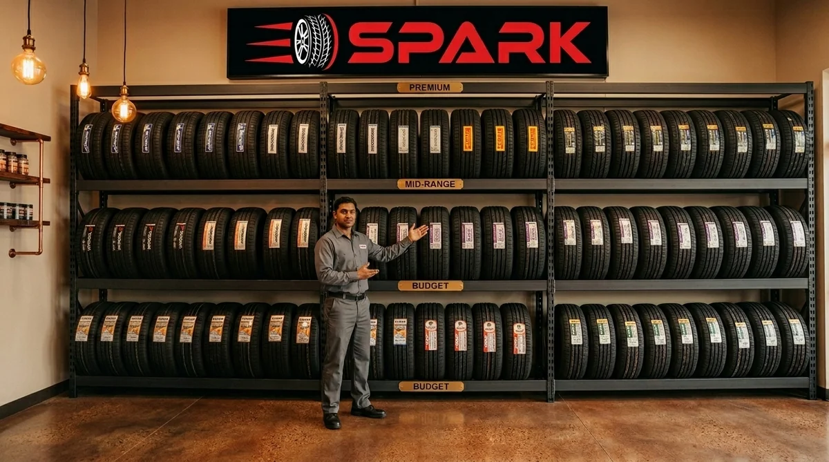 Wide view of 20+ tyre brands displayed on industrial shelving at Spark Tires Mussaffah showroom