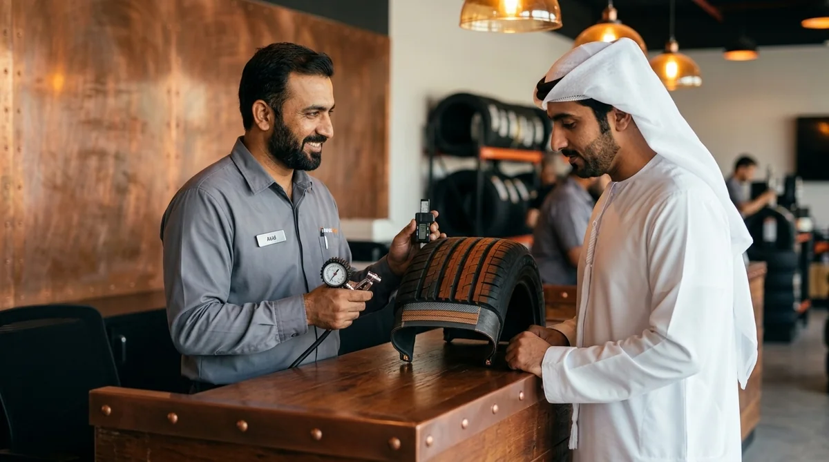 Pakistani supervisor showing a tyre cross-section and tread depth gauge to an Emirati customer during a free safety check at Spark Tires