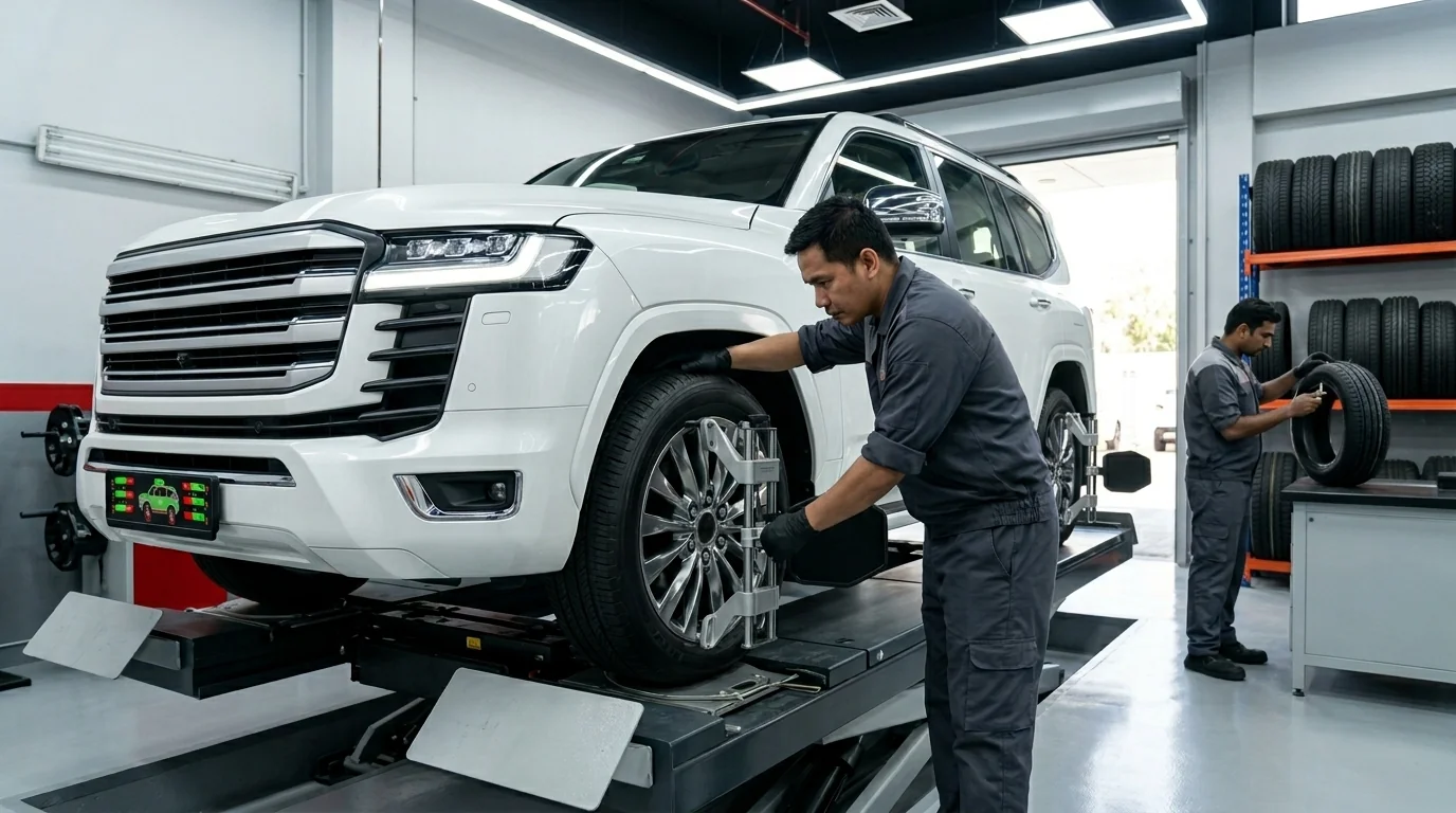 Certified Spark Tires technician performing precision wheel alignment on a Toyota Land Cruiser at our Mussaffah M11 workshop in Abu Dhabi