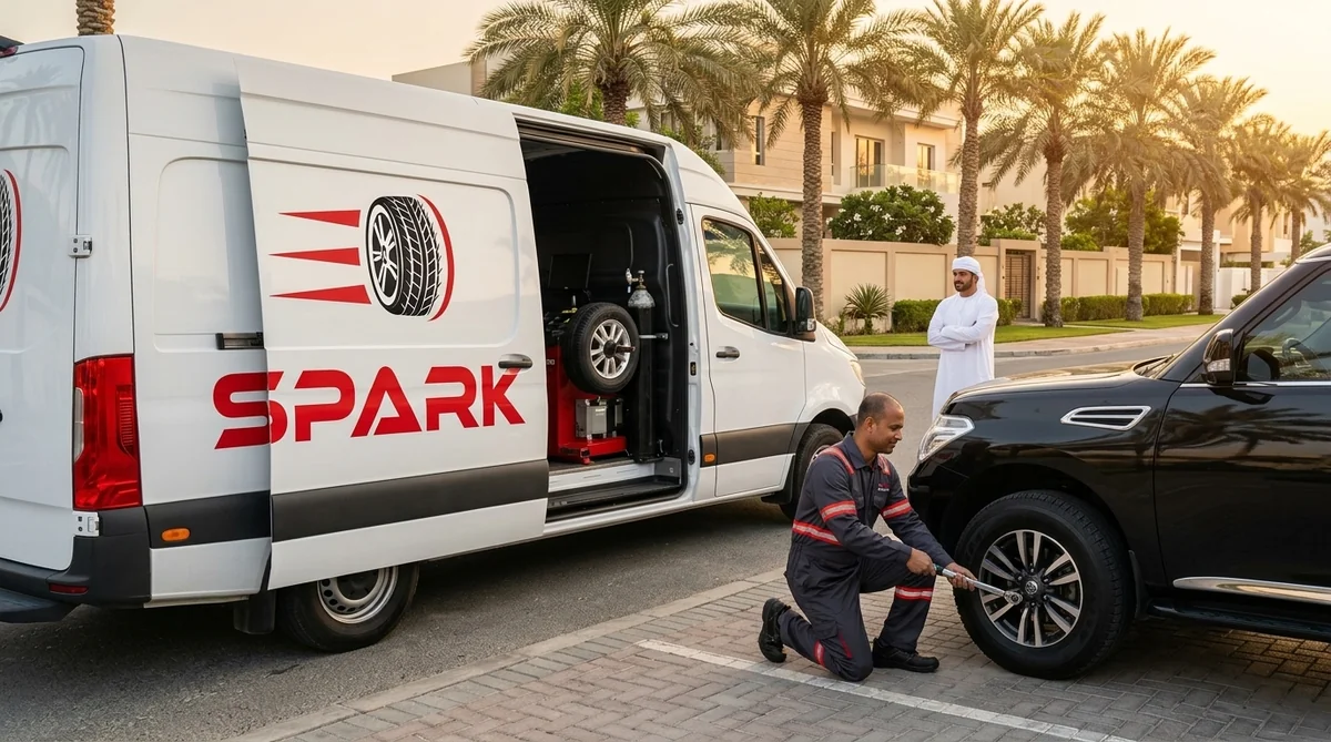 Spark Tires mobile tyre fitting van providing curbside tyre service to a Nissan Patrol in Khalifa City, Abu Dhabi during golden hour