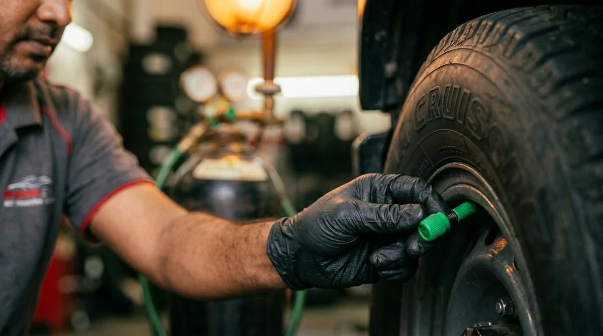 Sri Lankan technician screwing a bright green nitrogen valve cap onto a Toyota Land Cruiser tyre at Spark Tires nitrogen station in Abu Dhabi
