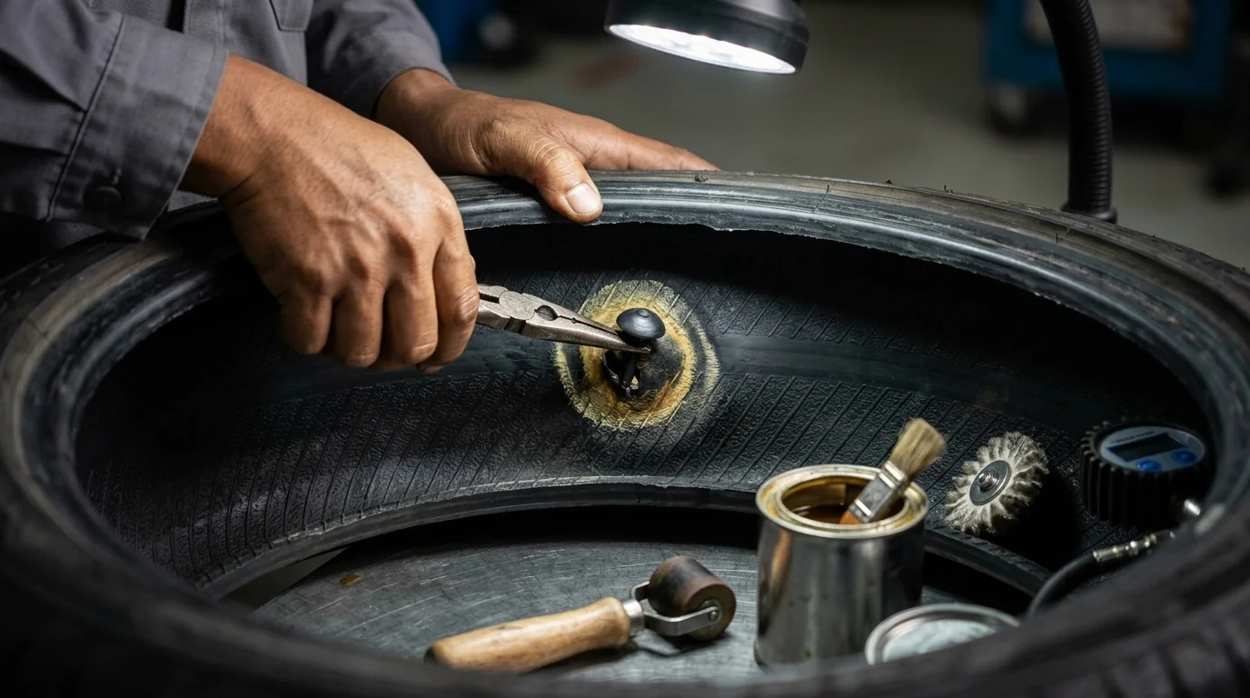 Close-up of professional mushroom plug-and-patch puncture repair performed on a car tyre interior at Spark Tires Abu Dhabi