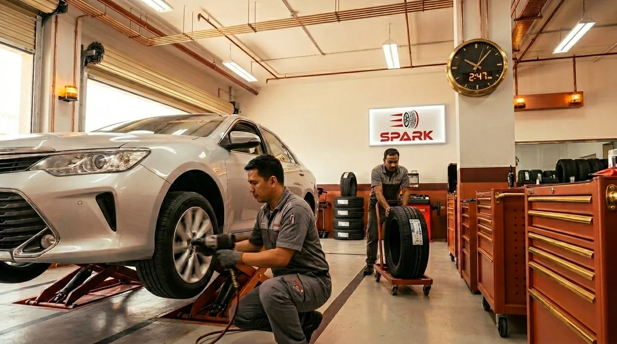 Busy tyre service bay at Spark Tires Mussaffah — Filipino technician using impact wrench while Indian colleague rolls a fresh tyre