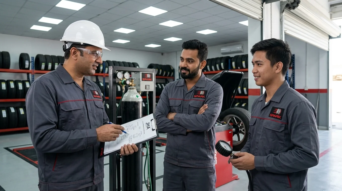 Spark Tires certified technicians — Pakistani supervisor, Indian and Filipino team members — conducting a pre-job safety briefing in Abu Dhabi workshop