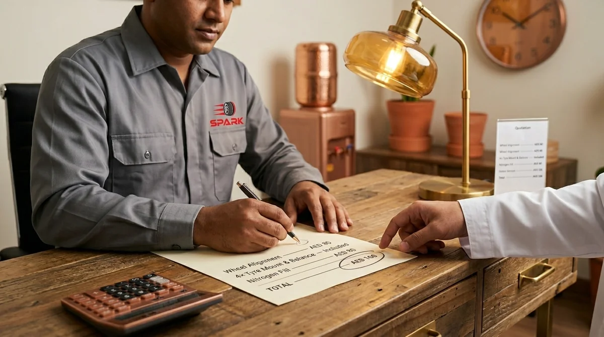 Bangladeshi service advisor writing an itemized tyre service quotation with clear line items at a reclaimed wood desk at Spark Tires Mussaffah