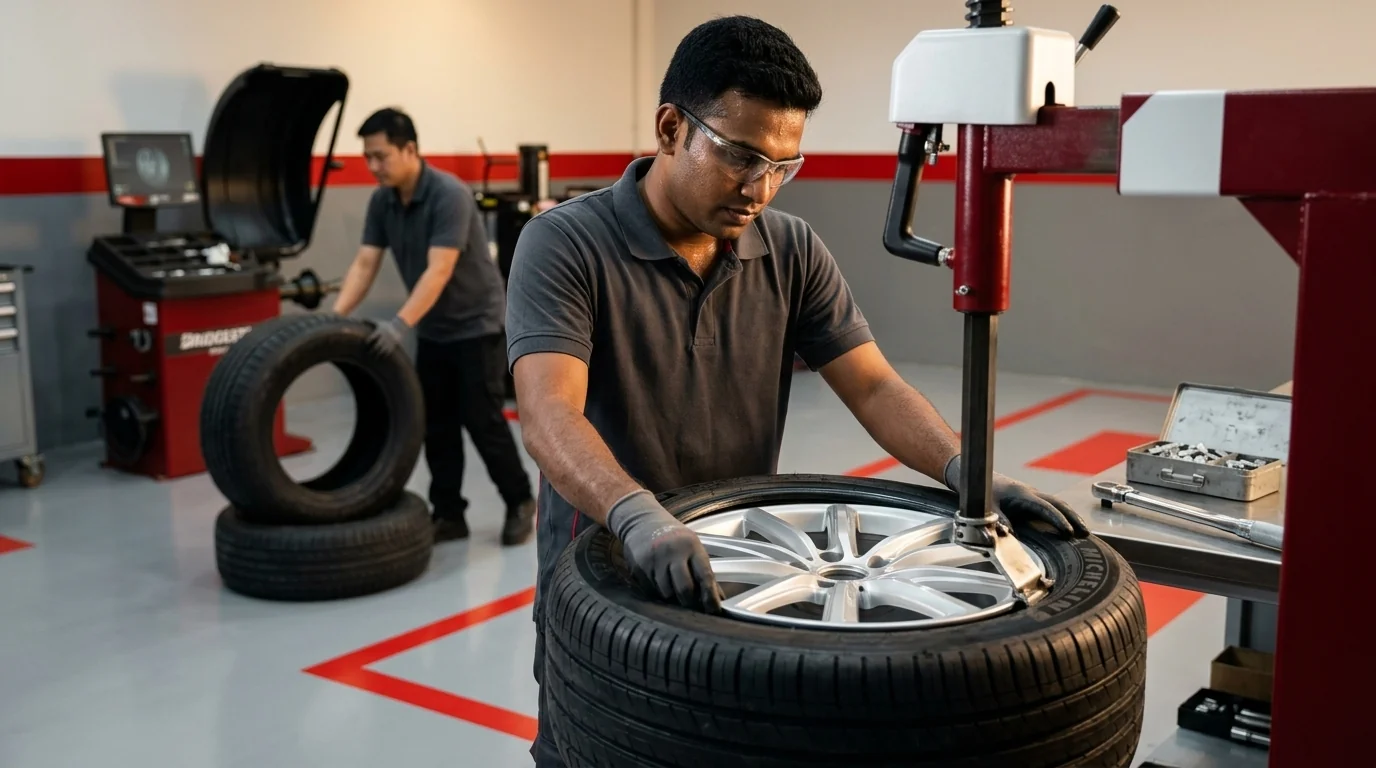 Professional Bridgestone tyre fitting at Spark Tires Mussaffah M11 Abu Dhabi