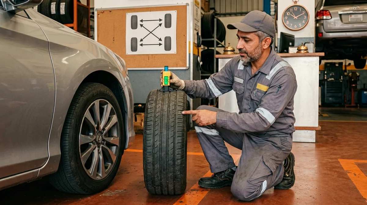 Pakistani technician using a digital tread depth gauge to measure tyre tread on a Honda Accord during rotation service at Spark Tires Abu Dhabi
