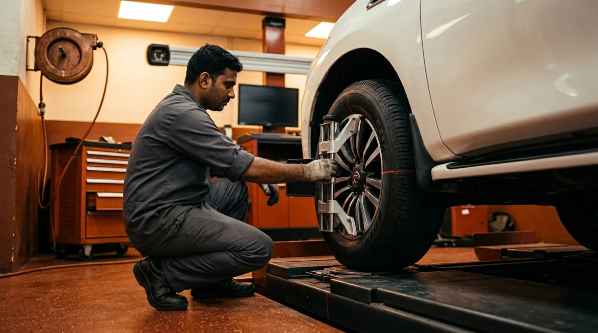 Indian technician mounting laser target clamps on a Nissan Patrol during precision 3D wheel alignment at Spark Tires Mussaffah Abu Dhabi