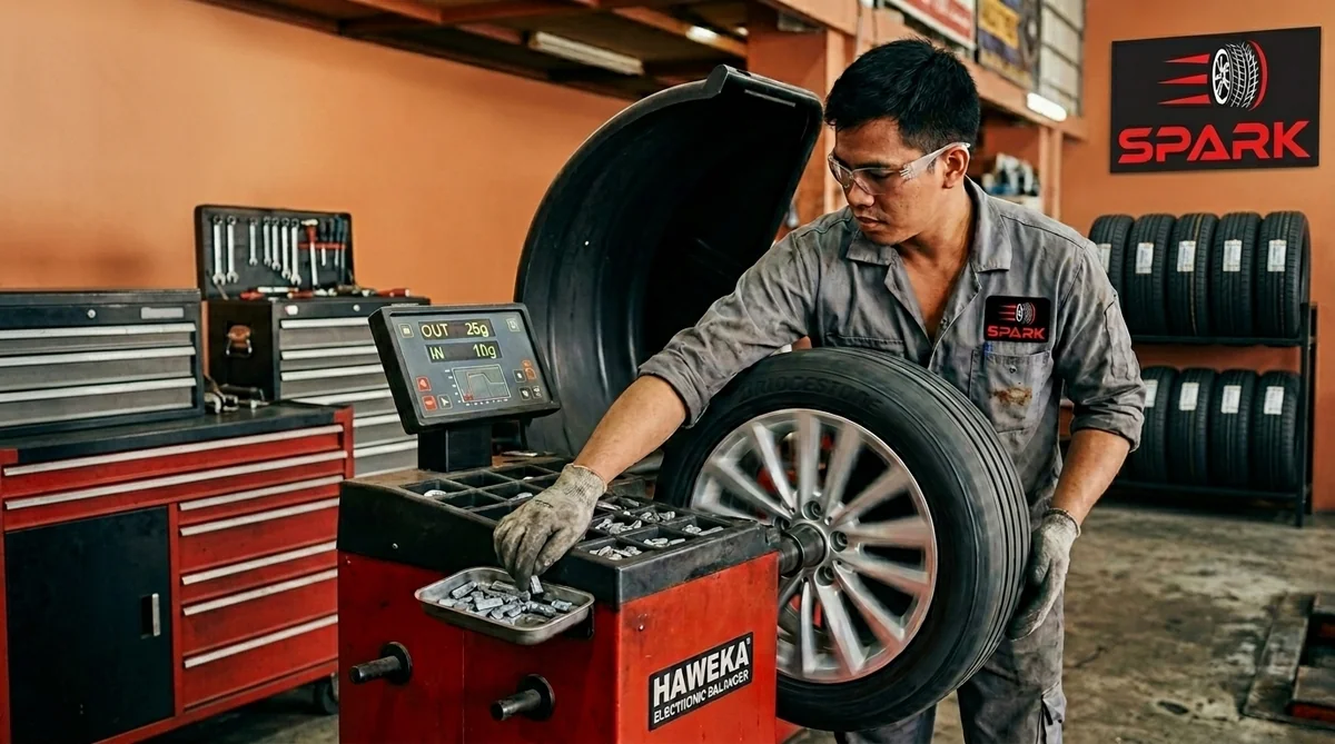 Filipino technician operating electronic wheel balancer with a Bridgestone tyre spinning on an alloy rim at Spark Tires Mussaffah workshop